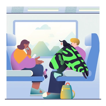 A large, detailed insect with vibrant green and black patterns is sitting on the armrest of a train seat. The insect's wings are slightly open, revealing intricate veining. Passengers are seated nearby, engrossed in their phones and books, unaware of the insect's presence. The train interior has a modern design, with overhead lights casting a soft glow. A window shows blurred scenery passing by outside, while a backpack lies on the floor, adding to the everyday atmosphere of the train.