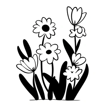 A whimsical scene of flowers swaying as if dancing in a gentle breeze on a sunny day.