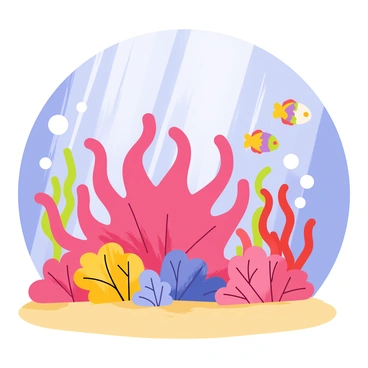 An anemone with flowing tentacles in various shades of pink and purple is nestled among colorful corals on a vibrant reef. The corals are in bright hues of red, orange, and yellow, creating a lively underwater scene. Small fish with multi-colored scales dart around the anemone, adding to the dynamic atmosphere of the reef. Bubbles rise gently from the sandy ocean floor, and rays of sunlight filter through the water, illuminating the entire composition.