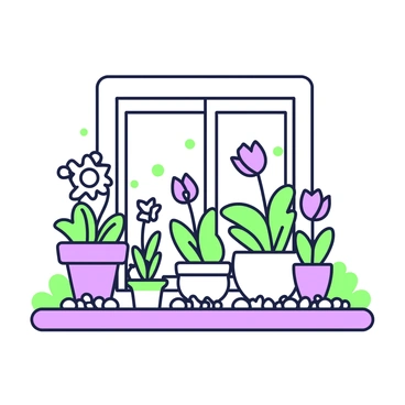 A collection of small pots filled with blooming flowers arranged on a window sill. Each pot is different, with some made of terracotta and others of ceramic. The flowers vary in type, including daisies, tulips, and violets, each displaying vibrant petals. The window is slightly open, allowing natural light to illuminate the vibrant colors of the flowers. The sill is decorated with small pebbles around the bases of the pots, and a few green leaves are visible in the background.
