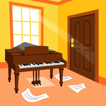 A cozy room with warm wooden walls and a polished wooden floor. In the center of the room, there is a grand piano with glossy black keys. The piano is positioned facing a large, ornate door made of dark wood, adorned with intricate carvings. Sunlight streams in through a nearby window, illuminating dust particles in the air. Sheet music is scattered on the floor around the piano, indicating different tunes to be played. The atmosphere is filled with anticipation, hinting that the correct melody played on the piano will magically unlock the door.