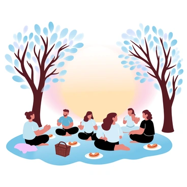 A park scene during sunset, filled with silhouettes of various trees with intricate branches. In the foreground, a group of people is sitting on a blanket, surrounded by picnic baskets and plates of food. Some individuals are sitting cross-legged while others are lying back, all enjoying their time in the park. The sky is painted in gradient pastel colors, transitioning from soft oranges to gentle pinks, creating a tranquil atmosphere. The silhouettes of the trees and people contrast against the colorful sky.