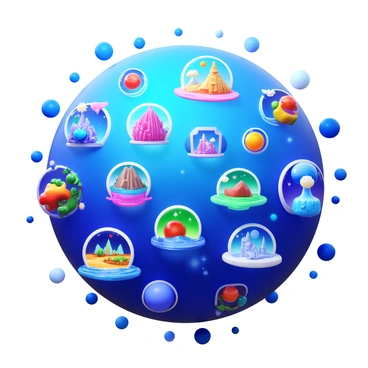 A vast universe with numerous floating illustrations created by an AI. Each illustration displays a unique concept or scene, varying in color and design. Some illustrations depict enchanting landscapes, while others show fantastical creatures or abstract forms. The overall composition captures a sense of endless creativity and imagination, with the illustrations appearing to drift freely in a cosmic space.