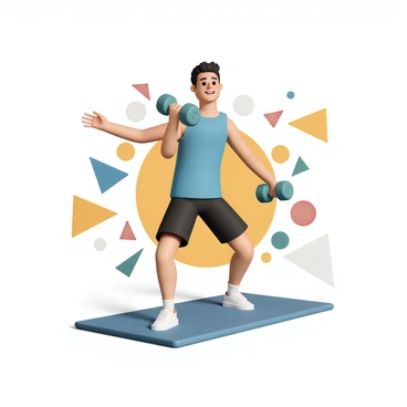 A person, wearing a blue tank top and black shorts, is performing the "dumbbell fly" exercise on a workout mat. Their arms are extended out to the sides holding a pair of dumbbells, with a focused expression. The background features vibrant, colorful geometric patterns, including triangles, circles, and squares in shades of red, yellow, green, and blue, adding energy to the scene. The lighting is bright, emphasizing the person's physique and the dynamic movement of the exercise.
