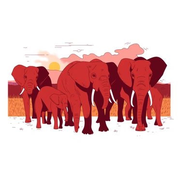A group of red elephants stands together on the vast African savannah, surrounded by tall, golden grass swaying in the breeze. In the center of the herd, one elephant is noticeably missing its tusks, showcasing a smooth, scarred face where the tusks once were. The rest of the elephants are a mix of sizes, some with large, curved tusks and others with smaller ones. The sun sets in the background, casting a warm glow that highlights the rich colors of the elephants’ skin and the landscape. Dust rises from the ground as they move, creating a dynamic and poignant scene of both beauty and loss.