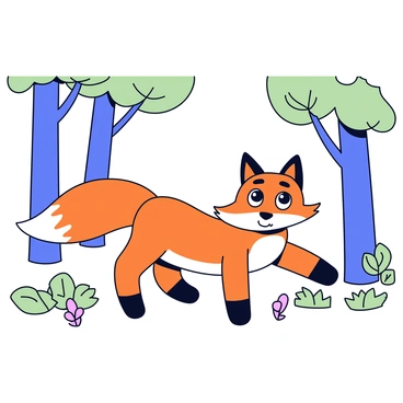 A cartoon fox with a bright orange coat and white underbelly is exploring a forest. The fox has large, expressive eyes that are wide with curiosity. Its tail is bushy and wagging happily. Surrounding the fox are tall trees with green leaves, and the ground is covered in soft, leafy underbrush. Small flowers can be seen scattered throughout the forest floor, adding a pop of color.