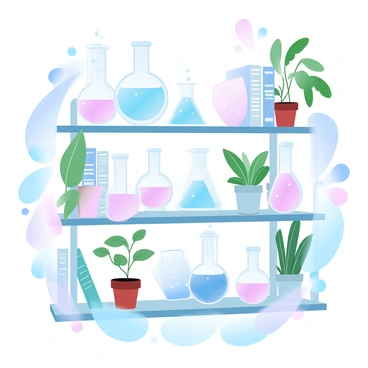 A shelf with several tiers is filled with flasks of different shapes and sizes, each containing vibrant, colorful liquids that shimmer. Potted plants of varying heights and leaf shapes are positioned around the flasks, adding a touch of nature. On the shelves, there are also neatly stacked scientific books with colorful spines, some open to display their pages. The entire arrangement creates a lively and dynamic composition with a harmonious blend of glass, greenery, and literature.