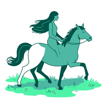 A teal centaur with long flowing hair is riding a white horse across a grassy plain. The centaur's upper body is turned slightly to the side, and it holds the reins gently. The horse gallops gracefully, its mane flowing in the wind. They are surrounded by lush green grass and a few wildflowers scattered throughout the plain, highlighting the bond and harmony between the centaur and the horse. The sun casts soft shadows, emphasizing the connection between the two beings as they move together through the landscape.