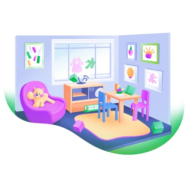 A pediatrician's office featuring a cheerful atmosphere. The room is filled with various colorful toys scattered throughout, including plush animals, building blocks, and a small play kitchen. On the walls, there are children's drawings displayed in frames, showcasing bright colors and imaginative subjects. A comfy, oversized chair is situated in one corner, while a children's table with chairs is placed in the center, surrounded by art supplies. A bright rug covers the floor, adding warmth to the space.