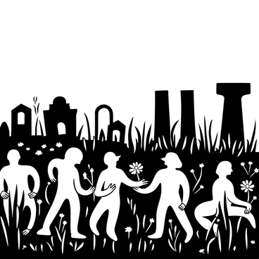 Ghostly apparitions of ancient figures rising from the earth in an overgrown field filled with tall grasses and wildflowers. The silhouettes represent various past civilizations, depicted in different postures, some looking towards the sky while others appear to be walking. The background features scattered ruins and broken columns partially hidden by the vegetation. Light mist hovers above the ground, creating an ethereal atmosphere, while shadows create depth and contrast among the figures and landscape.