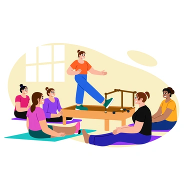 A pilates instructor with a focused expression is demonstrating an exercise on a reformer. The reformer machine is a wooden structure with a sliding platform, adjustable springs, and straps. The instructor is in a balanced pose on the reformer, showcasing proper alignment and form. In front of the instructor, several students are seated on yoga mats, attentively watching the demonstration. The students have varied appearances and are dressed in colorful athletic wear. Soft natural light filters through a large window, creating a warm and inviting atmosphere in the studio.