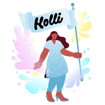 An Indian woman is standing in a vibrant outdoor setting, surrounded by a flurry of colorful powders in various hues. She is dressed in a traditional outfit adorned with intricate patterns, and her hair is beautifully styled, flowing down her shoulders. The air around her is filled with a cloud of colored powder, creating an atmosphere of joy and celebration. Bright splashes of pink, blue, yellow, and green can be seen scattered around her, adding to the festive mood. A large banner with "Holi" written in bold letters is draped in the background.