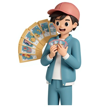 A young Pokémon trainer, wearing a bright red cap, a blue jacket, and jeans, is standing with a wide smile on their face. They are holding a handful of Pokémon cards close to their chest. Behind them, a few oversized Pokémon cards are fanned out, displaying vibrant and colorful illustrations of various Pokémon characters. The trainer's eyes are filled with excitement as they look at the cards, with their hair slightly tousled by a light breeze.