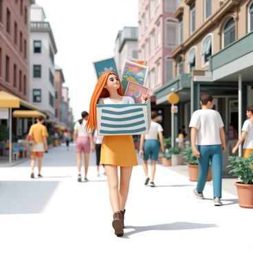 Nami walking through a bustling city, carrying her colorful box filled with her artistic creations.