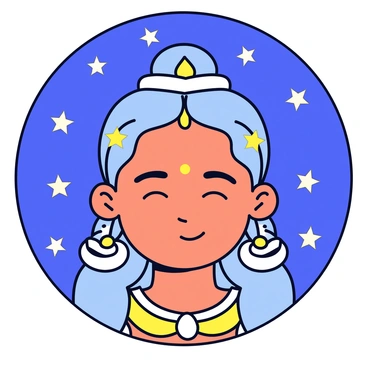A close-up illustration of Durga's face with serene features and a gentle expression. Her face is adorned with intricate details, including traditional jewelry and vibrant colors. Surrounding her face are twinkling stars that shine in a deep blue night sky, each star radiating a soft glow. The overall composition highlights the divine presence of Durga against the celestial backdrop.
