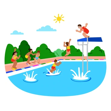 Kids taking turns jumping off a diving board into a sparkling blue pool