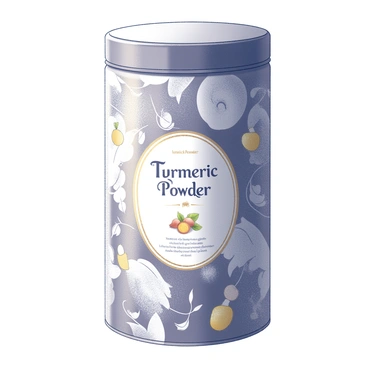 A container designed for turmeric powder, featuring an elegant cylindrical shape. The packaging is adorned with intricate botanical designs, highlighting elements such as turmeric roots and leaves. The surface of the container is embellished with "gold accents" that catch the light, creating a sense of luxury. The overall structure includes a secure lid, ensuring freshness, and the label displays the word "Turmeric Powder" in an ornate font, along with additional details about the product. The design combines both sophistication and a connection to nature.