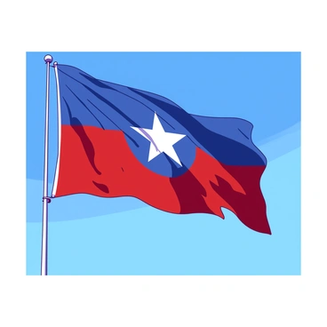 A large Juneteenth flag is waving proudly in the wind against a clear blue sky. The flag features bold colors, prominently displaying the red and blue elements of its design. In the center of the flag, there is a white star encircled by a white burst, symbolizing freedom. The flag's vibrant colors ripple gracefully as it is held high on a sturdy flagpole. The sun casts a warm glow, highlighting the fabric's texture as it flutters energetically.