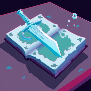 A shiny dagger with an ornate hilt rests inside the hollowed pages of an ancient book. The dagger has a polished blade that reflects light, revealing intricate engravings along its length. The book, made of weathered leather, has cracked corners and yellowed pages that hint at its age. Dust motes float in the air around it, and the surrounding environment is dimly lit, enhancing the mystery of the scene. The open book lies on a wooden table, with shadows playing across its surface.