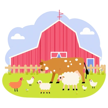 A rustic barnyard with a large red barn in the background. The barn has a wooden texture with white trim and a tall weather vane on top. In the foreground, several farm animals are grazing in a green sunny field. A brown cow with white spots stands next to a fluffy white sheep. Nearby, a couple of chickens are pecking at the ground. A wooden fence encloses the barnyard, with a few wildflowers growing along its base. The sky is a bright blue with a few fluffy white clouds drifting by.