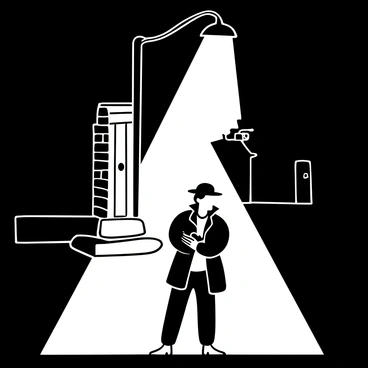 A detective in a trench coat and fedora standing under a street lamp. The light from the lamp illuminates the detective, creating a stark contrast with the surrounding darkness. A long shadow extends from the detective towards the ground, stretching out behind him. The detective has a serious posture, with one hand resting on his hip, and the other holding a magnifying glass. The cobblestone street is wet, reflecting the light from the lamp, enhancing the atmosphere of mystery. Nearby, there is a brick wall that adds texture to the scene.