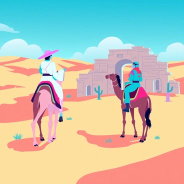 A vast desert landscape featuring rolling dunes of golden sand under a vibrant blue sky. In the foreground, two characters are riding camels, one wearing a flowing white robe and a wide-brimmed hat, and the other adorned in colorful traditional clothing with a scarf wrapped around their head. They are looking towards a set of ancient ruins made of crumbling stone, partially covered in sand, with intricate carvings visible. A few scattered cacti and dry shrubs dot the surroundings, enhancing the arid atmosphere of the scene. The sunlight casts long shadows, adding depth to the desert setting.