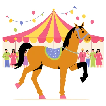 A circus horse with a shiny chestnut coat stands on its hind legs, showcasing its impressive tricks in the center of a vibrant, colorful tent adorned with red and yellow stripes. The tent is filled with balloons of various colors floating above, and a cheering audience can be seen in the background, clapping and holding colorful flags. The horse wears a decorative saddle with sparkles and a feathered headpiece, adding to the festive atmosphere. Bright lights hang from the tent's ceiling, illuminating the scene with a cheerful glow.