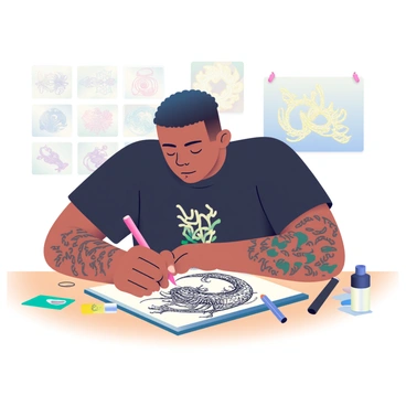 A tattoo artist with light brown skin and short black hair is sitting at a wooden table, focusing intently on sketching a mythical creature. The artist is wearing a black T-shirt adorned with artistic designs, and their arms are decorated with various colorful tattoos. On the table, there are pencils and ink pens scattered around, along with a sketchbook opened to a page showcasing an elaborate design of a dragon with intricate scales and sharp claws. The background includes various tattoo flash designs pinned to the wall, creating an inspiring atmosphere for the artist's work.