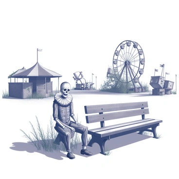 An expansive view of an abandoned carnival. In the foreground, a weathered wooden bench is positioned next to overgrown grass and weeds. A skeleton, dressed in a tattered clown costume adorned with faded patterns, is seated on the bench. The clown's face is painted with remnants of white and exaggerated expressions. Surrounding the carnival are dilapidated amusement rides, rusting and overrun with vegetation. An old, crooked Ferris wheel looms in the background, partially obscured by creeping vines. The atmosphere is still, with the shadows of the carnival structures casting elongated shapes on the ground.