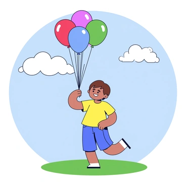 A child with short brown hair, wearing a bright yellow t-shirt and denim shorts, is standing on a grassy field. The child is smiling and looking up as a bunch of colorful balloons is released from their hands. The balloons are in various colors such as red, green, blue, and purple. They rise into a clear blue sky, where a few fluffy white clouds are scattered. The sun is shining brightly, casting soft shadows on the ground.