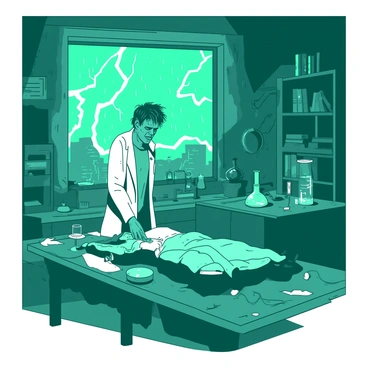 A teal figure resembling Frankenstein stands in a dimly lit laboratory filled with various scientific instruments and old books. Lightning flashes outside the window, illuminating the room with brief bursts of light. The figure has disheveled hair and is wearing a white lab coat, looking intently at a large metal table where a wrapped figure lies. There are scattered vials and electrical equipment around, hinting at a chaotic scene of preparation. In the background, storm clouds can be seen through the window, while rain beats against the glass.