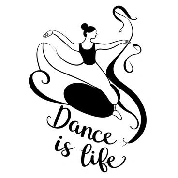 A graceful dancer wearing a flowing dress is captured mid-movement, her arms elegantly extended and her dress billowing around her. The background features dynamic curves and swirls that suggest motion, enhancing the energy of the dance. Words "Dance is life" are artistically placed at the bottom of the image.