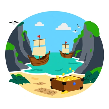A secret pirate cove surrounded by tall, rocky cliffs with lush green foliage. In the cove, two wooden ships are anchored, their sails furled and hulls weathered. The water is a vivid turquoise, reflecting the sunlight. Nearby, a large treasure chest overflowing with gold coins and sparkling gems is partially hidden in the sand. Scattered around the chest are old maps and pirate flags. A few seagulls fly overhead against a clear blue sky, adding to the sense of adventure.