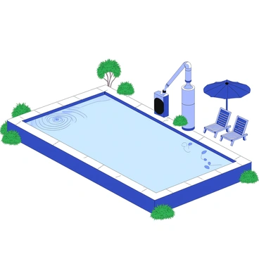 A backyard pool is visible, showcasing its clear surface reflecting the surroundings. Beside the pool, a filtration system is set up, featuring a large, round filter tank and a series of connected pipes. Water is being siphoned back into the filtration system, creating ripples on the pool surface. The edges of the pool are lined with smooth, rectangular tiles, and there are a few wooden deck chairs positioned nearby under a large umbrella. Lush green grass surrounds the pool, adding to the vibrant outdoor atmosphere.