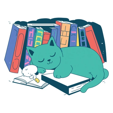 A teal cat is nestled comfortably among an array of colorful books on a crowded bookshelf. The cat's eyes are half-closed, creating a relaxed expression as it rests between thick, hardcover novels. In the background, there are various book spines visible, showcasing titles in different fonts and colors. A small white plush toy is positioned next to the cat, adding a touch of whimsy to the scene. Dust motes are visible in the soft light filtering through the room, highlighting the cozy atmosphere of the bookshelf.