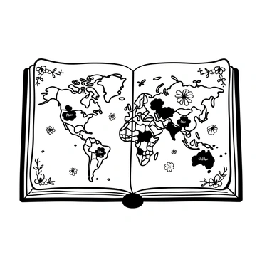 An illustrated map displayed in an open book, featuring various flowers labeled with their names. Each region of the map is marked with distinct flower types, showcasing their unique shapes and sizes. Surrounding the map are intricate floral borders that enhance the illustration. Small icons representing the geographical locations are placed alongside the flowers, indicating their origins. The overall composition is balanced and detailed, allowing viewers to appreciate the diversity of flowers from around the world.