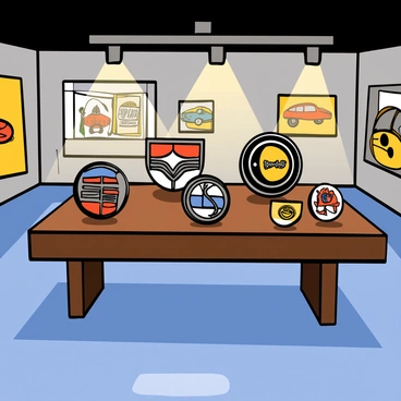 A collection of classic car emblems displayed on a wooden exhibit table in a museum setting. The emblems include designs from various iconic car brands, featuring intricate details and vibrant colors. Soft spotlights illuminate each emblem, showcasing their shiny surfaces. In the background, the walls are adorned with vintage car posters and photographs, enhancing the nostalgic atmosphere of the museum. The floor is polished and reflects the light, creating a clean and organized presentation of the emblems.