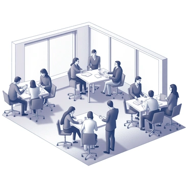 A coworking space filled with people engaged in conversation. The area is open and airy, with large windows allowing natural light to flood in. Small groups of individuals are gathered around various tables, some standing while others are seated. Each group appears animated, with gestures indicating lively discussions and idea exchanges. A few individuals are holding drinks or notebooks, while others may have laptops open in front of them. The atmosphere is dynamic, with a mix of professional attire and casual wear, reflecting a diverse crowd of entrepreneurs and creative thinkers.
