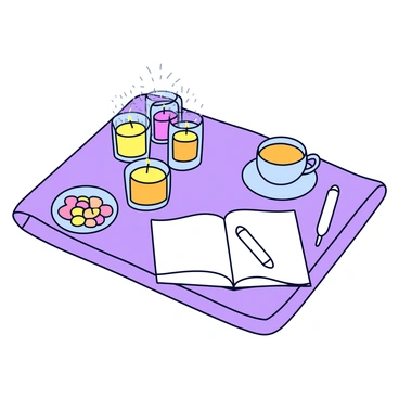 A cozy self-care setup featuring a large, soft towel folded neatly. On the towel, there is a collection of three scented candles in glass holders, emitting a warm glow. Next to the candles, there is a small bowl filled with various bath salts. A soothing herbal tea is placed in a delicate cup, accompanied by a small plate of honey. Also on the towel is a journal opened to a blank page, accompanied by a pen ready for writing. The overall arrangement promotes a sense of tranquility and focus on mental well-being.
