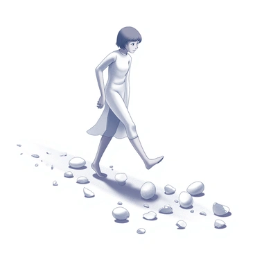 A character is shown tiptoeing carefully across a path made of delicate, fragmented eggshells. The character has a focused expression, with their body slightly bent forward to maintain balance. They are wearing light, flowing clothing that enhances the sense of grace. The eggshells, scattered and uneven, create an intricate texture beneath their feet. The ground is a stark contrast, emphasizing the fragile nature of the path. Each eggshell is intricately detailed, showcasing the subtle patterns that reflect light.