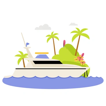 A yacht with a sleek white hull is docked near a vibrant tropical island. The yacht features a tall mast and a sunshade on the deck. In the background, a lush green island is adorned with tall, swaying palm trees and colorful tropical flowers. The clear blue water gently laps against the hull of the yacht, and the sky is bright and sunny with scattered fluffy white clouds.