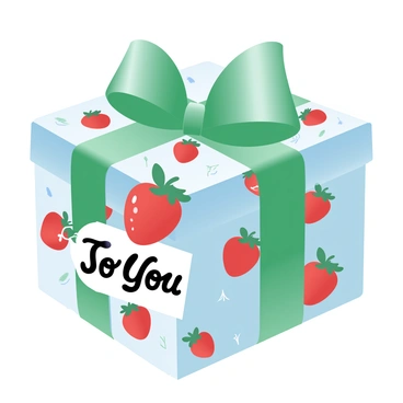 A gift box is beautifully wrapped in shiny paper featuring a strawberry-themed design with vibrant red strawberries scattered across a green background. The box is tied with a large, glossy green ribbon that creates a perfect bow on top. Small leaves and vines are also part of the design, adding a touch of detail to the overall appearance. A tag shaped like a strawberry hangs from the ribbon, displaying the greeting "To You" in elegant script.