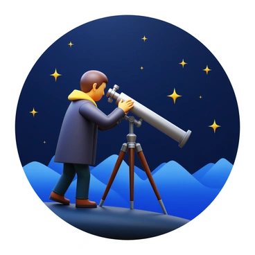 An astronomer in a dark, warm jacket is peering through a classic telescope. The telescope stands on a sturdy tripod, pointed towards the vast starlit sky. Surrounding the astronomer are sparkling stars, twinkling brightly against the deep black canvas of the night. The astronomer is focused, with one hand adjusting the telescope's lens, while the other hand rests on the telescope's side. In the background, faint outlines of distant mountains can be seen silhouetted against the starry backdrop. The scene captures the essence of deep space exploration and curiosity.