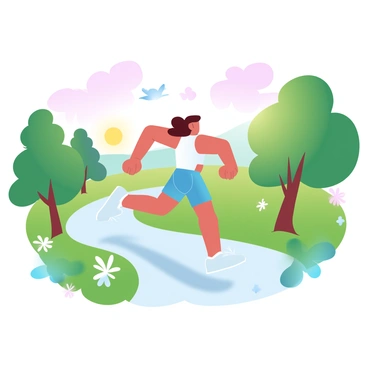 A person is jogging along a winding path in a lush green park. The individual is wearing a vibrant athletic outfit, which adds a sense of dynamic movement. Sunlight is streaming from the horizon, casting a warm glow that highlights the surrounding trees and grass. The sky is painted with soft gradient pastel colors, transitioning from deep orange to light pink. Small birds can be seen in flight, contributing to the lively atmosphere of the scene. A few colorful flowers are blooming along the path, adding to the overall freshness of the setting.