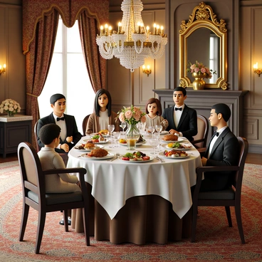 A family of four sitting at a grand dining table that is beautifully set with fine china, crystal glassware, and polished silverware. The table is adorned with an elegant tablecloth and a centerpiece of fresh flowers in a decorative vase. Each family member is dressed in formal attire, with the adults wearing suits and the children in elegant dresses. The dining room features opulent decor, including ornate chandeliers hanging from the ceiling, gilded mirrors on the walls, and rich tapestries. There are sumptuous dishes on the table, including roasted meats, colorful vegetables, and gourmet desserts, creating an atmosphere of luxury and celebration.