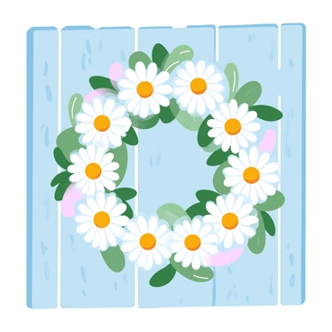 A wreath made entirely of "daisies" is hanging on a "rustic wooden door". The door has a weathered texture with visible wood grain and knots. The daisies are vibrant white with yellow centers, arranged in a circular pattern to form the wreath. Green leaves are interspersed among the flowers, adding natural depth to the decoration. The scene is captured in soft, gradient pastel colors that enhance the gentle feel of the arrangement.