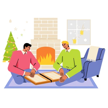 A cozy winter scene featuring a warm, inviting living room. In the center, two people are sitting on a comfortable rug in front of a crackling fireplace. The fireplace has glowing orange flames and a brick surround. The individuals are focused on a wooden backgammon board placed on the floor between them. One person has dark hair and is wearing a red sweater, while the other has blonde hair and is dressed in a green sweater. Snow can be seen falling gently outside the window, and a decorative Christmas tree is visible in the corner, adorned with colorful ornaments and twinkling lights. A soft blanket is draped over a nearby armchair, adding to the warmth of the scene.