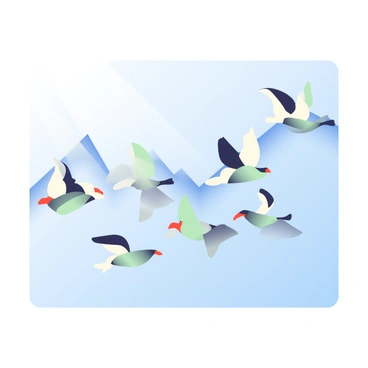 A flock of birds with various shades of black and white feathers is flying in a dynamic formation across a clear blue sky. Their arrangement creates the visual effect of a line graph, with peaks and valleys that illustrate fluctuating heights. The birds' wings are spread wide, catching the sunlight, which creates subtle highlights on their feathers. Some birds are positioned higher, while others dip lower, emphasizing the graph-like pattern in the sky. The overall scene is vibrant and lively, capturing the energy of the flock in motion.