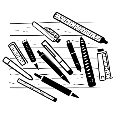 A black-and-white illustration of various illustration pens neatly arranged on a wooden table. The pens are of different sizes and shapes, with some featuring intricate patterns on their bodies. The wooden table has a textured surface, displaying visible grain patterns. Shadows cast by the pens create a dynamic arrangement, enhancing the overall composition.