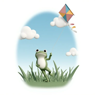 A small green frog with big, round eyes and a wide smile is flying a colorful kite. The kite features vibrant patterns of red, blue, and yellow. The frog is standing on its hind legs in a lively, breezy field filled with tall green grass swaying in the wind. The sky above is bright blue with fluffy white clouds, and sunlight casts playful shadows on the ground as the frog holds the kite string tightly, looking up at the kite soaring high.